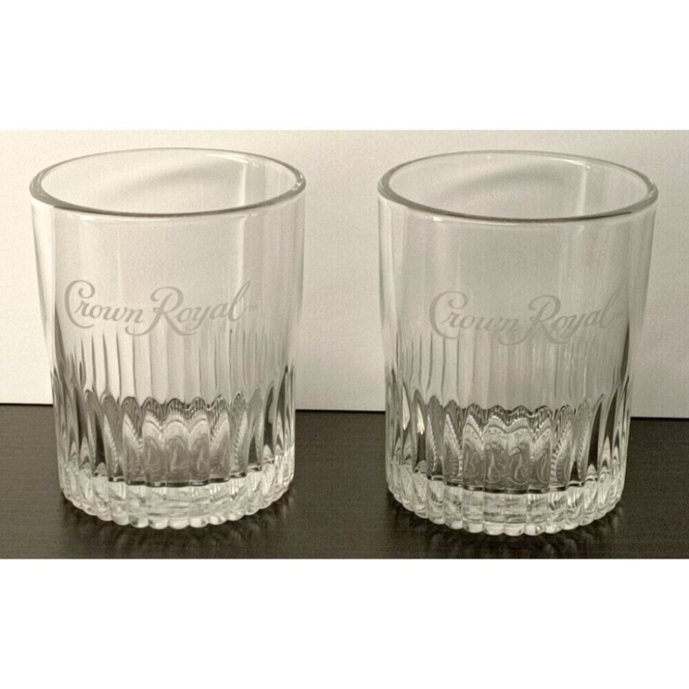 2 CROWN ROYAL 8oz Whiskey Drinking Glasses - On The Rocks 3.5" x 3" Dia. Clear